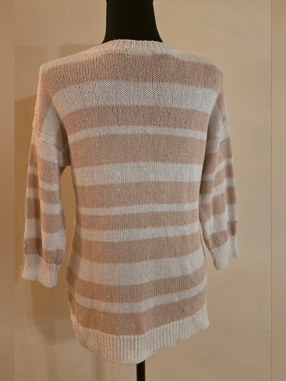 Saks Sparkley Ladies Striped Crewneck Sweater in Tan & White (Med) Viscose Blend